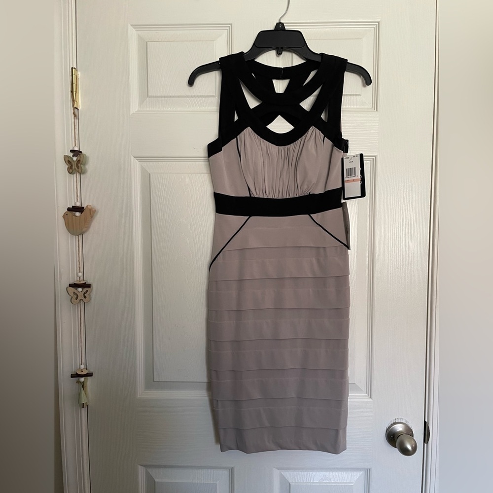 NWT Jax Black and Gray Midi Bodycon Dress Brand New Size 2
